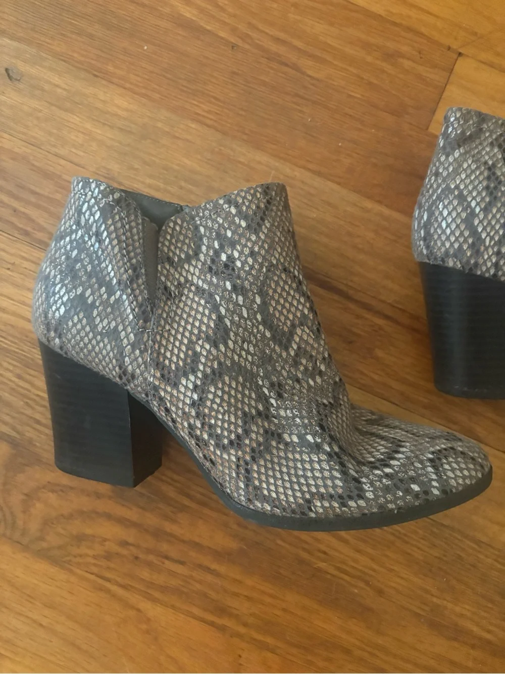 new directions Gray Snake-Print Ankle Booties with Block Heel